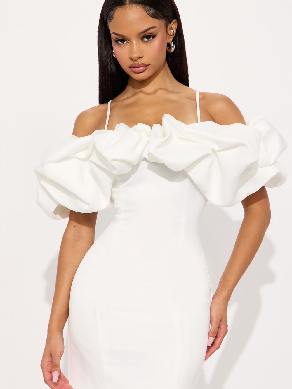 Fashion Nova White One-Shoulder Ruffle Bodycon Dress